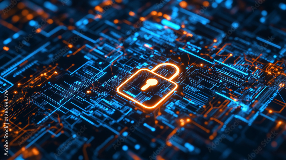 A secure digital interface with a glowing lock symbol, illustrating advanced cybersecurity protection and encrypted cloud data. A secure digital interface with a glowing lock symbol, illustrating advanced cybersecurity protection and encrypted cloud data.
