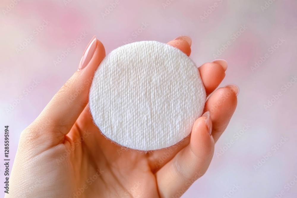 Hand holds soft, round cotton pad against gentle pastel backgrou Hand holds soft, round cotton pad against gentle pastel backgrou