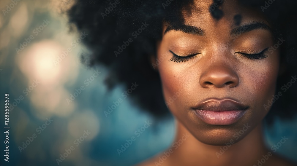 Serene woman with closed eyes, bathed in soft light, exuding calm and tranquility.
