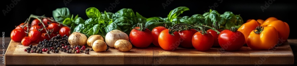 Fresh Tomatoes Basil and Mushrooms on a Wooden Cutting Board. Generative AI Fresh Tomatoes Basil and Mushrooms on a Wooden Cutting Board. Generative AI