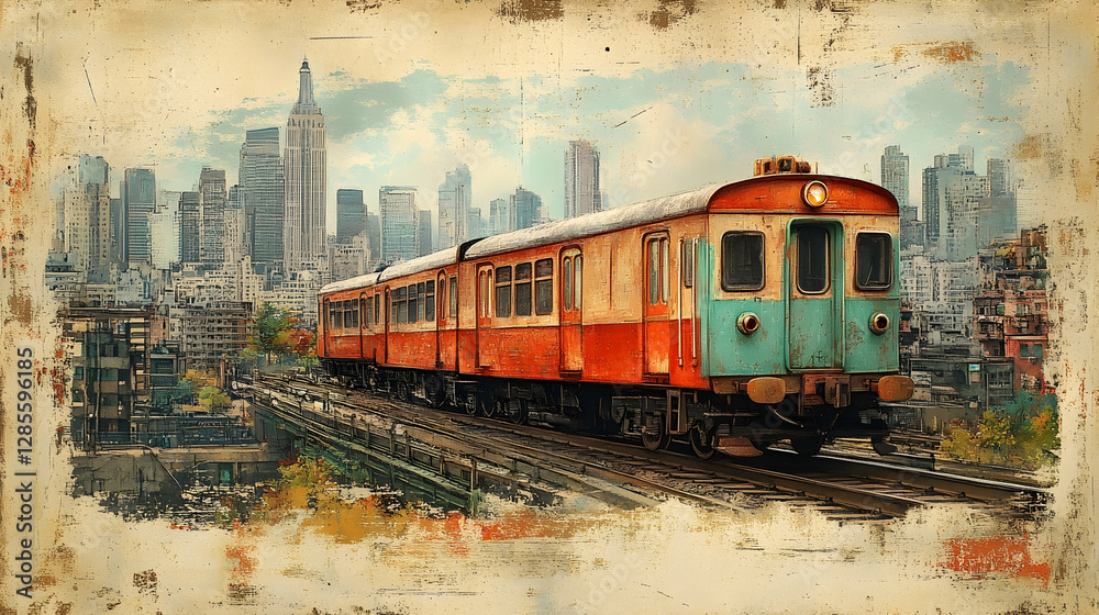 Obraz premium Vintage NYC Train on Elevated Track