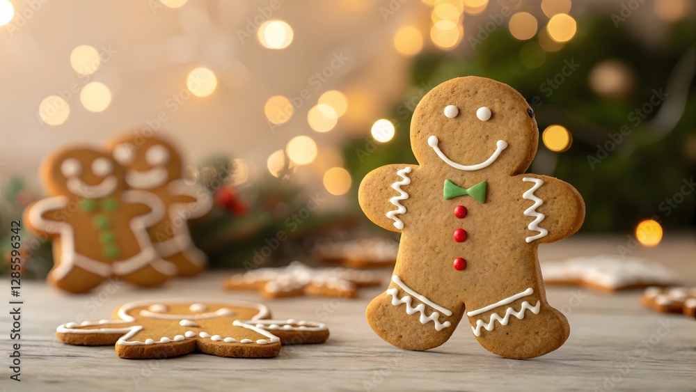 Cheerful Gingerbread Cookie with Icing Decoration on a Table