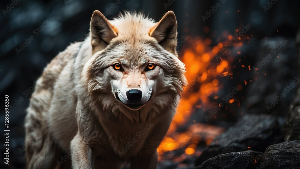 Obraz premium A majestic white wolf with piercing golden eyes emerges from vibrant flames,