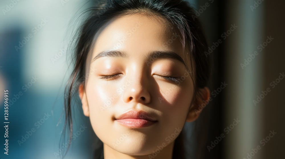 Naklejka premium Serene woman with closed eyes, bathed in soft light, exuding calm and tranquility. 