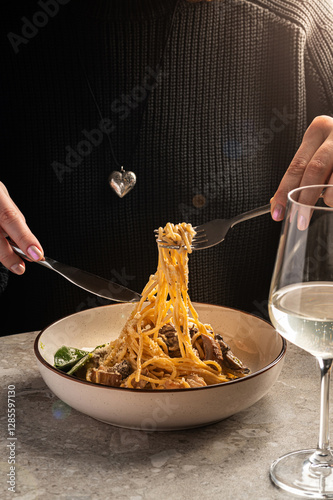 Delicious creamy mushroom pasta topped with grated Parmesan and fresh greens, served in a rustic bowl. Perfect for food blogs, restaurant menus, Italian cuisine, and comfort food concepts.