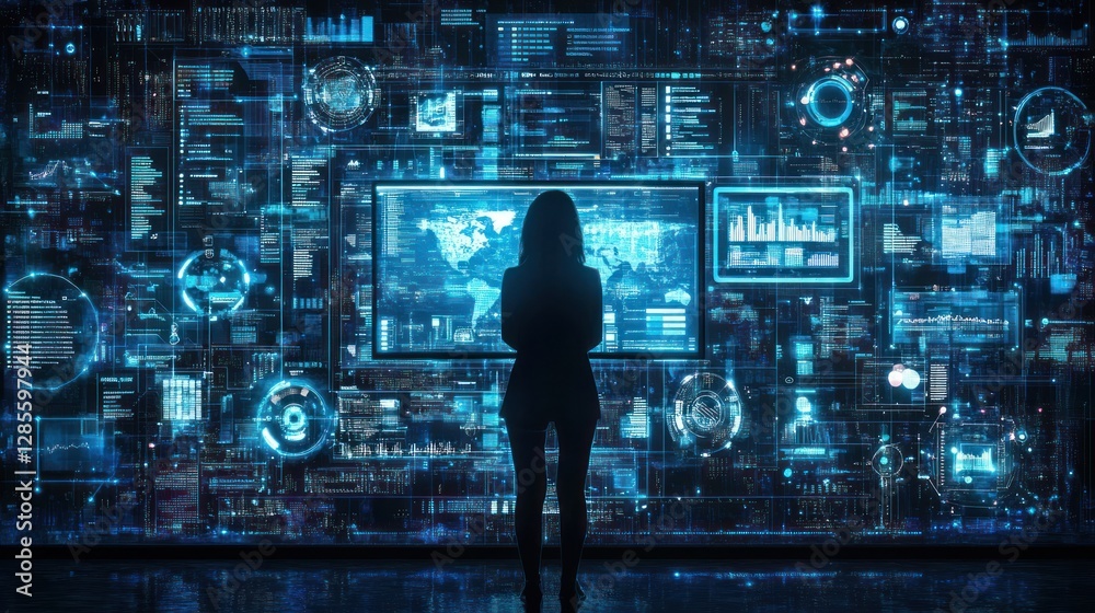 Woman Observing Global Data Network: A Futuristic Tech Visualization Woman Observing Global Data Network: A Futuristic Tech Visualization