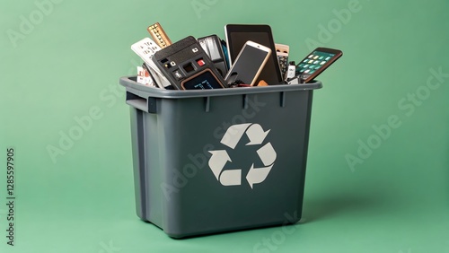 Container filled with old electronics for recycling on green background