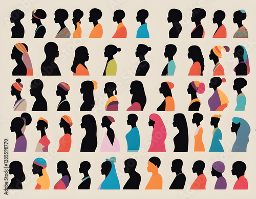 Women and male silhouette profile group from various cultures background.