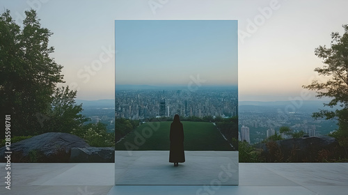 Woman contemplating city view through mirrored wall