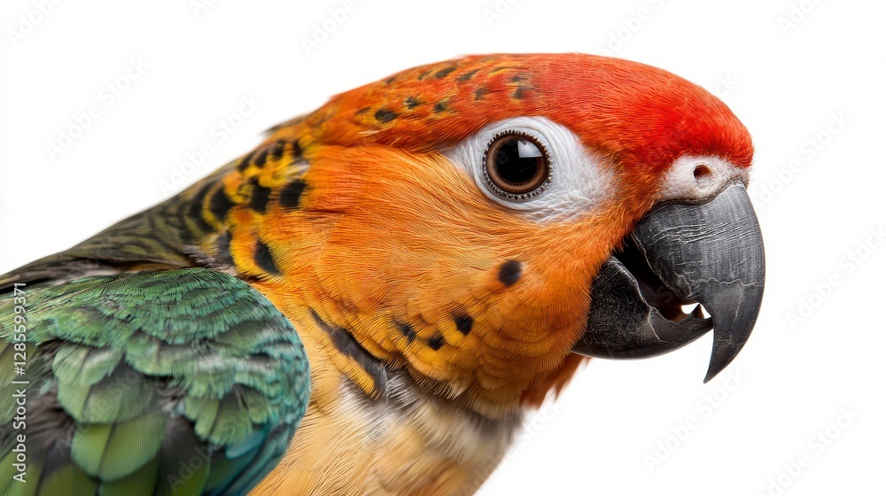 Obraz premium Vibrant Parrot Display, Colorful parrot perched against a clean white background, showcasing intricate feather patterns and vivid colors.