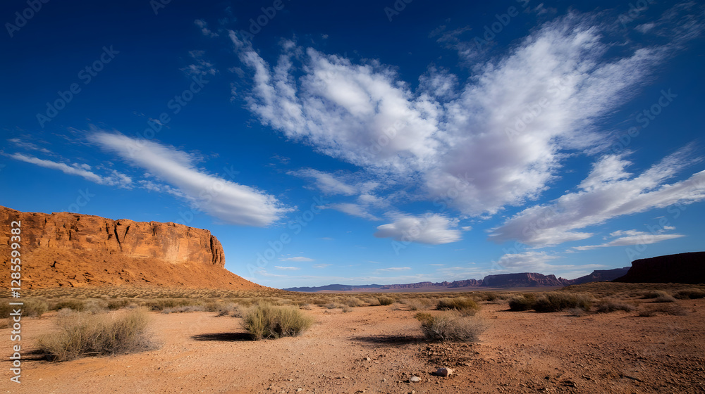 Expansive Desert Landscape with Dramatic Clouds and Rugged Cliffs under Clear Blue Sky : Generative AI Expansive Desert Landscape with Dramatic Clouds and Rugged Cliffs under Clear Blue Sky : Generative AI