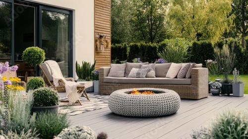 Modern patio with fire pit, relaxing outdoor space photo