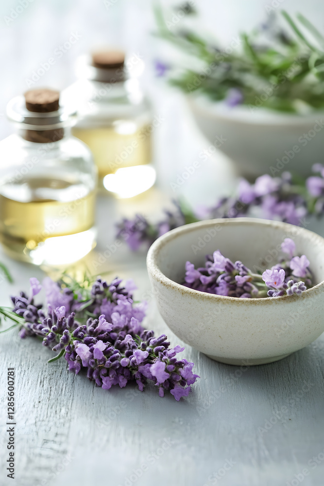 Lavender Spa Setting with Aromatic Essential Oils and Fresh Flowers for Relaxation : Generative AI Lavender Spa Setting with Aromatic Essential Oils and Fresh Flowers for Relaxation : Generative AI