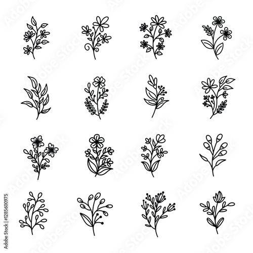 floral and botanical icon set. wildflowers, plants, flowers, leaves and herbs. Hand drawn floral spring vectors for decoration, websites, wedding cards and shops.