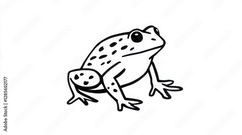 Minimalist black and white drawing of frog with spots, showcasing simple lines and shapes. This artwork captures essence of nature in unique style Minimalist black and white drawing of frog with spots, showcasing simple lines and shapes. This artwork captures essence of nature in unique style