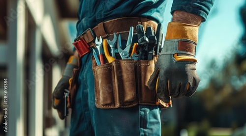 Handy professional repairing tools residential area image of craftsman outdoor environment close-up perspective