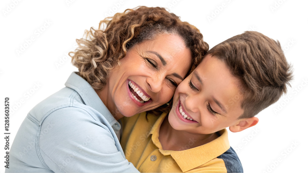 Relationship concept portrait Smiling mother hugging with her son Mommy little kid son posing together isolated transparent background Relationship concept portrait Smiling mother hugging with her son Mommy little kid son posing together isolated transparent background