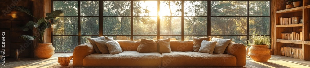 Fototapeta premium Cozy Living Room with Large Windows and Natural Light from the Outdoors. Generative AI
