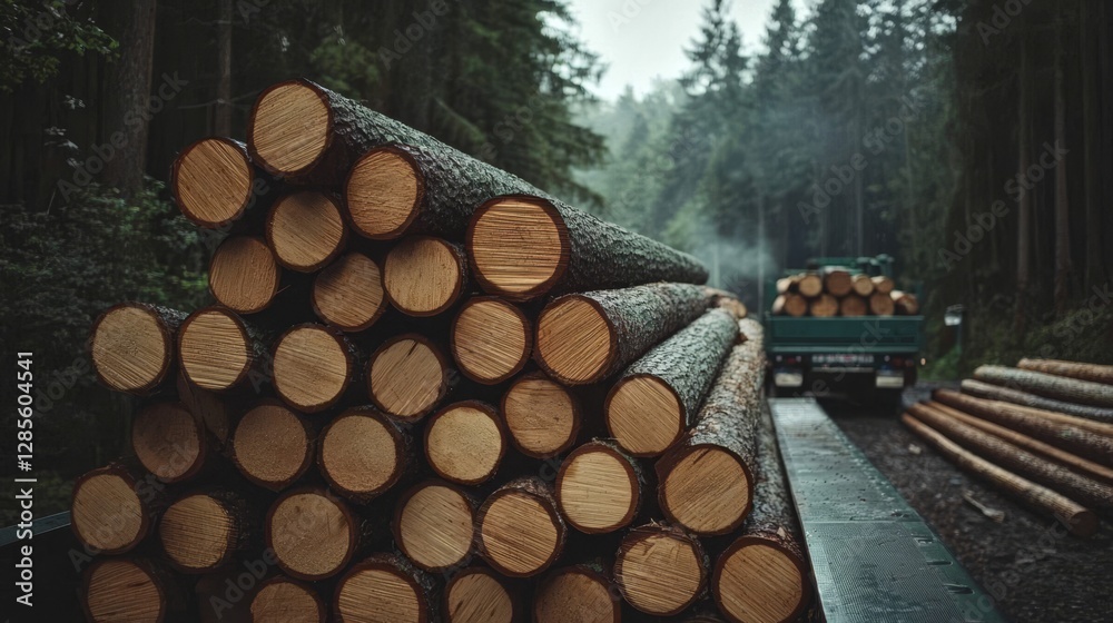Heavy logs of tree trunks stacked securely in a truck bed. Heavy logs of tree trunks stacked securely in a truck bed.