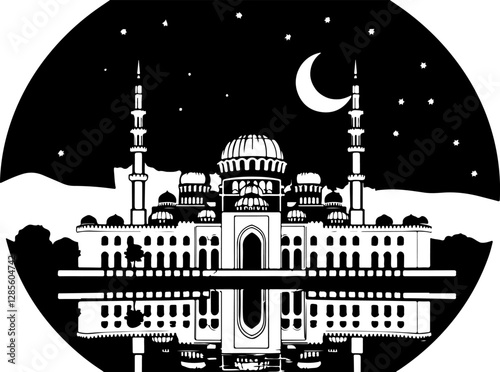 a mosque with crescent moons and stars in the night sky