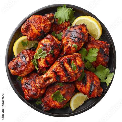 Juicy, grilled tandoori chicken drumsticks served over fragrant basmati rice, garnished with fresh cilantro and lemon slices. A classic Indian dish full of smoky flavors.