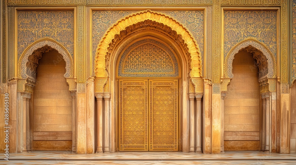 Fototapeta premium Ornate Islamic Architecture with Golden Detailing and Intricate Doorway Design in Morocco