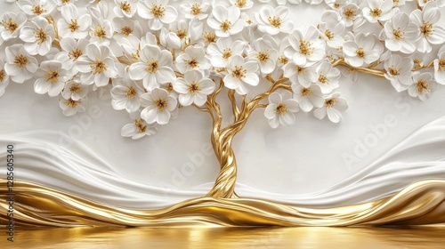 Stunning close up view of a flourishing white cherry blossom tree with delicate petals in full bloom against a serene golden waves nature background  This ethereal