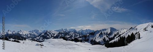 Panorama from the Sparenmoos nature reserve above Zweisimmen in winter with a view of the Swiss Alps photo