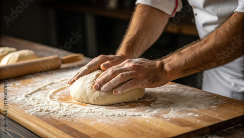 Hands shaping dough on a flour-covered board, highlighting the textures and warmth of a traditional baking process.