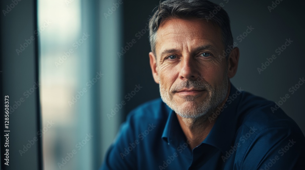Modern businessman exudes confidence and professionalism in a deep blue shirt.
Modern businessman exudes confidence and professionalism in a deep blue shirt.