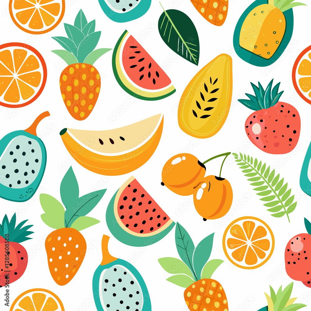 Vibrant seamless pattern featuring various tropical fruits like pineapple, strawberry, watermelon, orange, papaya, banana, and exotic fruits. Vibrant seamless pattern featuring various tropical fruits like pineapple, strawberry, watermelon, orange, papaya, banana, and exotic fruits.