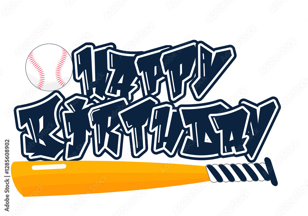Fototapeta premium happy Birthday - white and blue with baseball ball and bats, vector sport graphic for street art - typography graffiti lettering - art illustration - multicolor - written word - softball