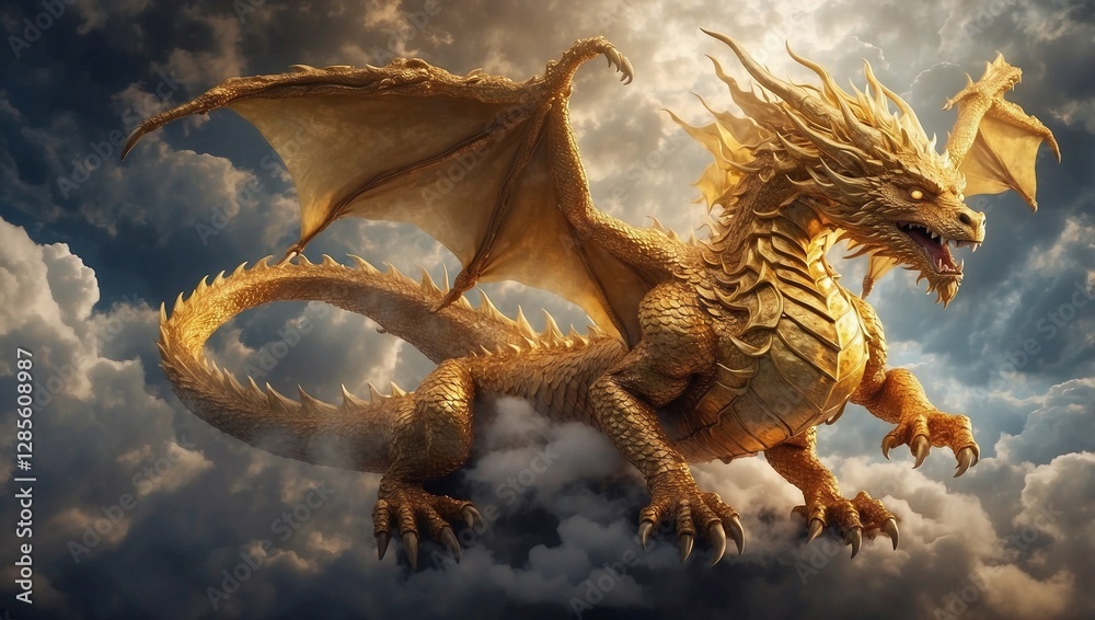 Fototapeta premium Majestic Golden Dragon Soaring Through Clouds