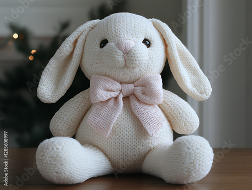 soft plush bunny doll with oversized eyes and pink bow, perfect for cuddling