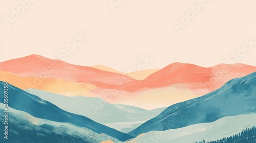 Pastel-colored mountain range illustration.
