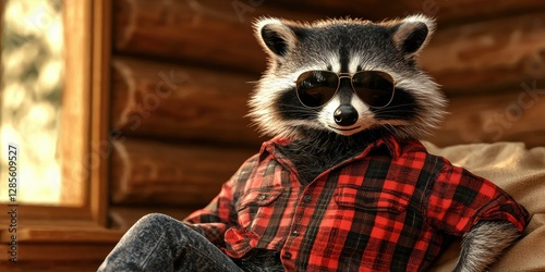 Cool raccoon in a red plaid shirt. AI.