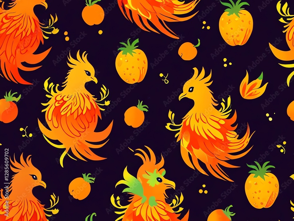 Fiery Birds and Fruit: A Vibrant Seamless Pattern Fiery Birds and Fruit: A Vibrant Seamless Pattern