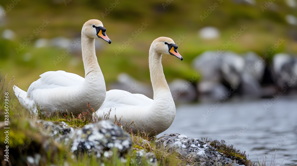 Pair of Graceful Swans Resting by the Tranquil Lake in Serene Natural Landscape Setting : Generative AI Pair of Graceful Swans Resting by the Tranquil Lake in Serene Natural Landscape Setting : Generative AI