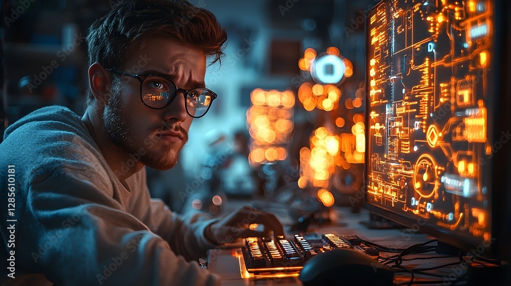 Innovative and Curious Inventor Surrounded by Glowing Gadgets and Wires at Workspace Innovative and Curious Inventor Surrounded by Glowing Gadgets and Wires at Workspace