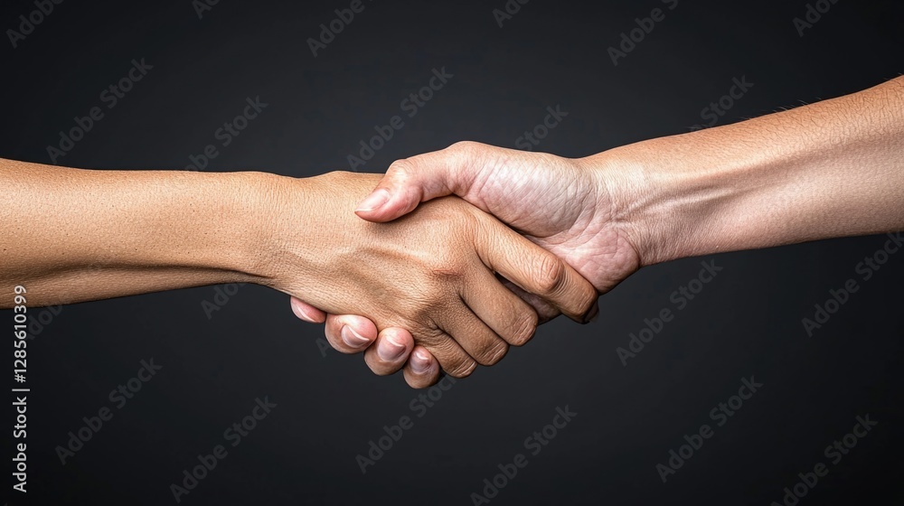 Customer receives delivery of a cardboard box from a courier with a friendly handshake Customer receives delivery of a cardboard box from a courier with a friendly handshake