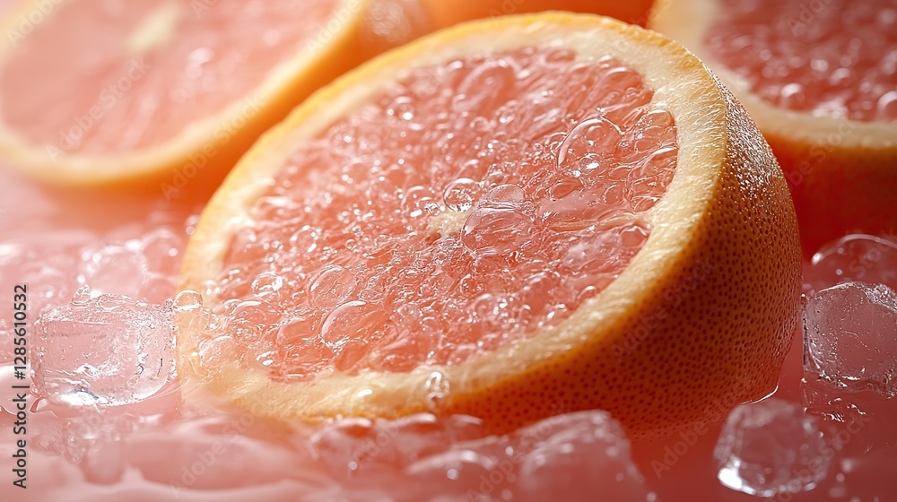 Half slices of grapefruit with ice cubes and water drops are placed on a pastel pink background with copyspace on the left. Half slices of grapefruit with ice cubes and water drops are placed on a pastel pink background with copyspace on the left.