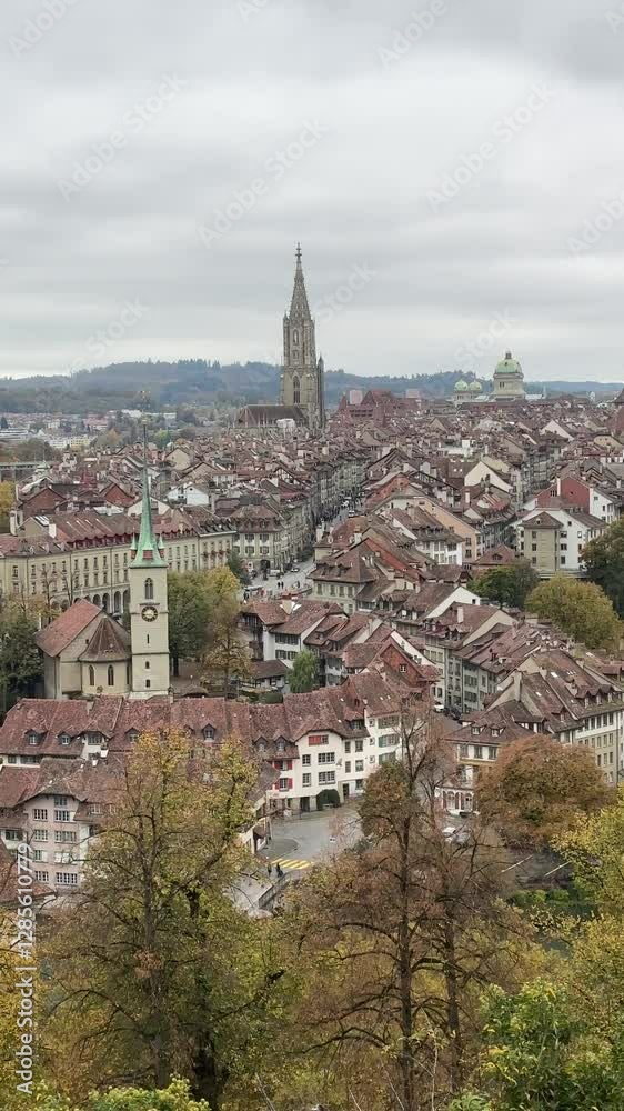 Bern, Switzerland, View of the historic center of Bern, captial of Switzerland from Aargauerstalden at Rosengarten Bern, beautiful fall colors, autumn leaves, aerial view, Aara river Bern, Switzerland, View of the historic center of Bern, captial of Switzerland from Aargauerstalden at Rosengarten Bern, beautiful fall colors, autumn leaves, aerial view, Aara river