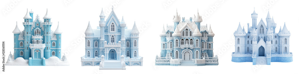 Obraz premium Enchanting fairytale castle in an icy winter wonderland with snowy towers and spires a magical digital 3D for fantasy design and creative applications