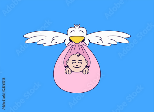Flying Stork Delivering a Baby Cartoon character vector hand drawn