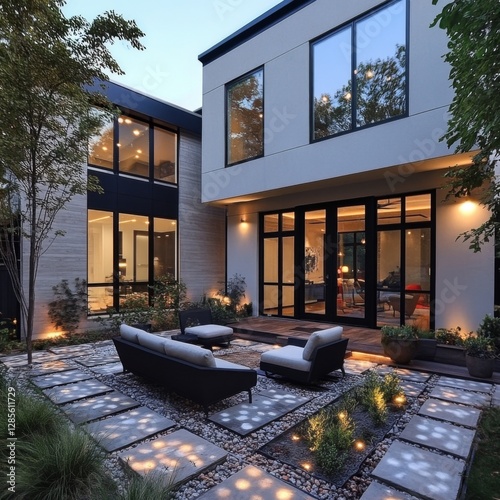 Modern Home Backyard Patio at Dusk photo