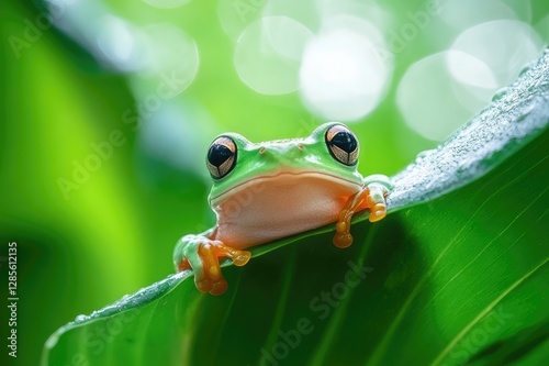 frog peeking out from behind a large green leaf.