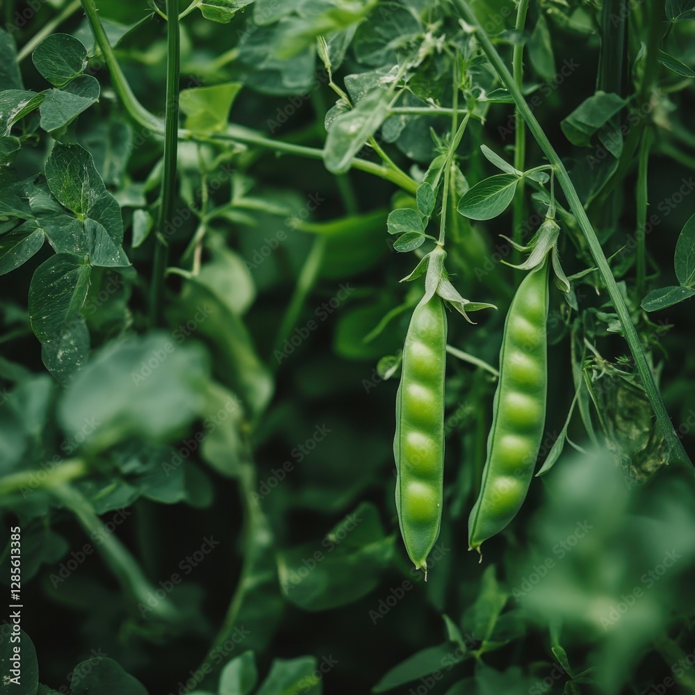 Freshly picked green pea pods nestled in vibrant country garden foliage under sunny skies. Generative AI Freshly picked green pea pods nestled in vibrant country garden foliage under sunny skies. Generative AI
