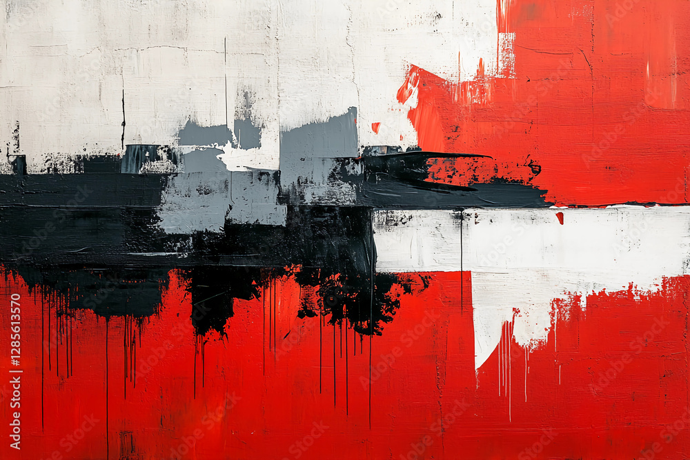 Fototapeta premium Fiery Red, Black, and Gray Geometric Brushstrokes in Bold Oil Painting: High-Contrast Visual for Contemporary Art Enthusiasts