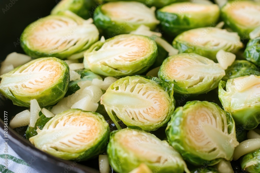 Sautéing halved Brussels sprouts with garlic and olive oil in a cast-iron skillet for a delicious side dish. Generative AI Sautéing halved Brussels sprouts with garlic and olive oil in a cast-iron skillet for a delicious side dish. Generative AI