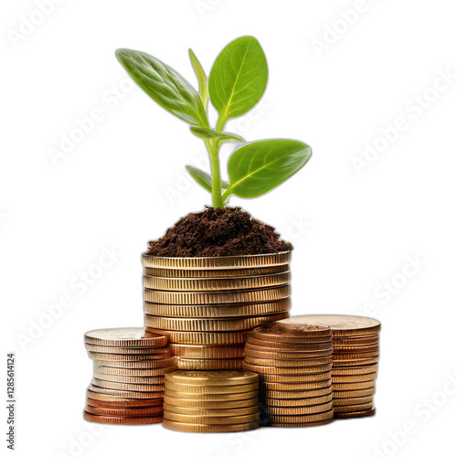 Coins Stacked with a Growing Seedling A Symbol of Investment Growth Isolated on White Bac